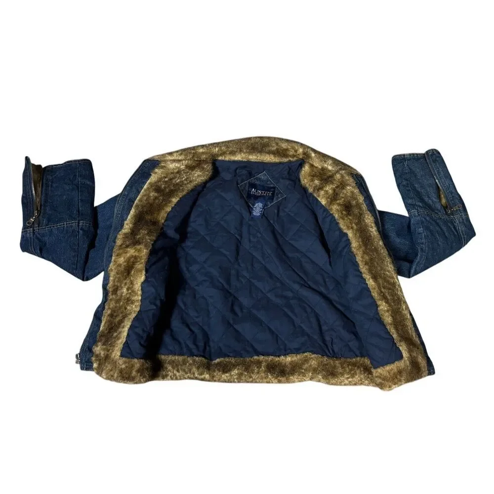 Austin Denim Jacket Size Large Blue Fur Collar Long Sleeve Zip Trucker Western - Picture 8 of 13